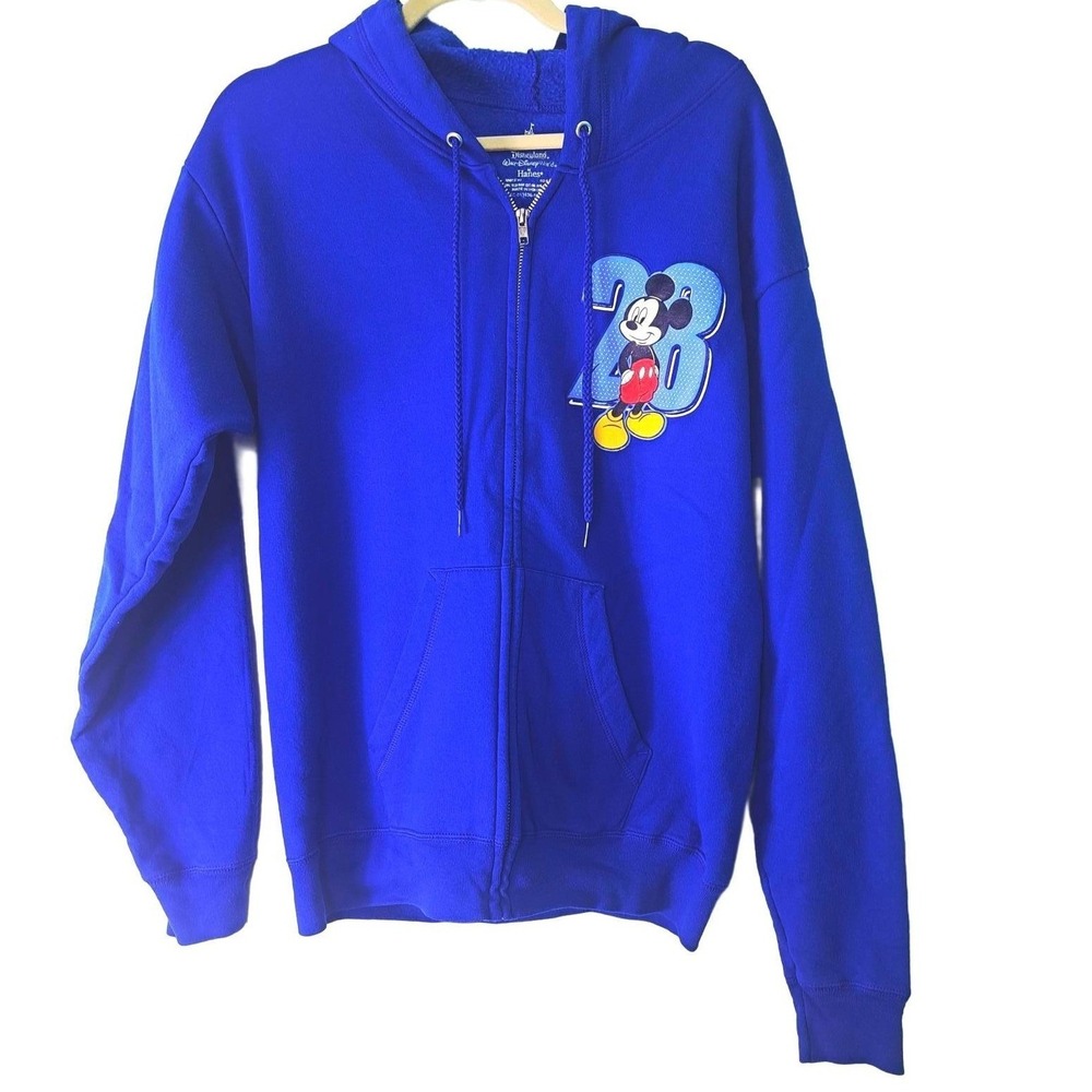 Disney Mickey Mouse Hoodie Blue Zip Up Sweatshirt Hanes Disneyland World Medium